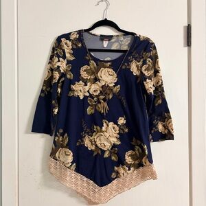 Discreet Navy Floral Blouse with Lace Trim